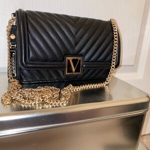 Versace Black Chevron Crossbody with Gold Chain